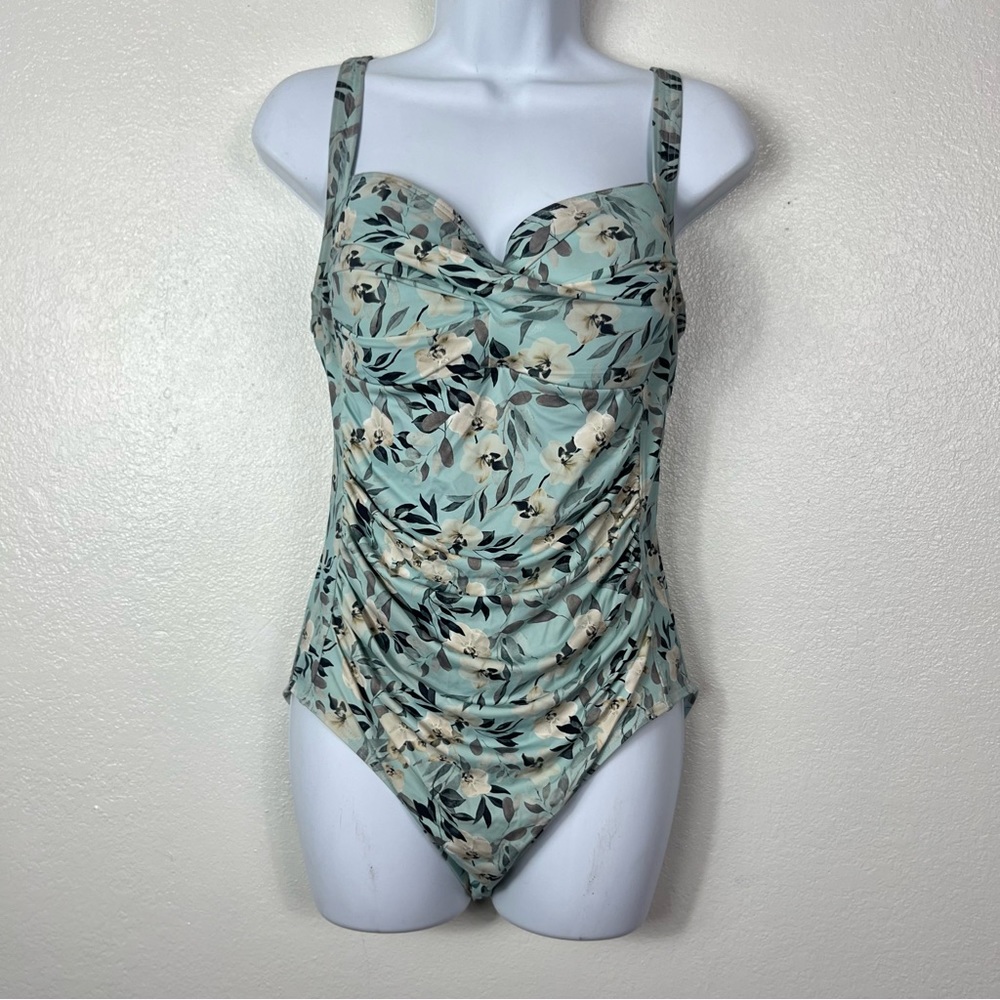 Niptuck Boho Breeze Blue Floral One piece swimsuit tummy control size 10